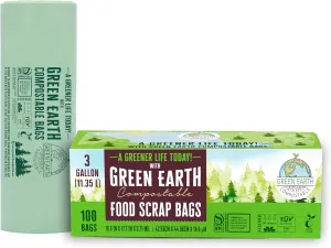 Green Earth Compostable Small Kitchen Food Scrap Waste Bags, Compost Bin Compatible, 3 Gallon,11.35 Liter, 300-Count, 0.71 Mil Thickness, ASTM D6400, US BPI and Europe OK Compost Home Certified, USA