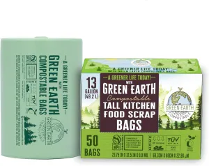 Green Earth Compostable Tall Kitchen Food Scrap Waste Bags, 13 Gallon, 49 Liter, 100-Count, Superior Strength 0.9 Mil Thickness, ASTM D6400, US BPI & Europe OK Compost Home Certified, USA