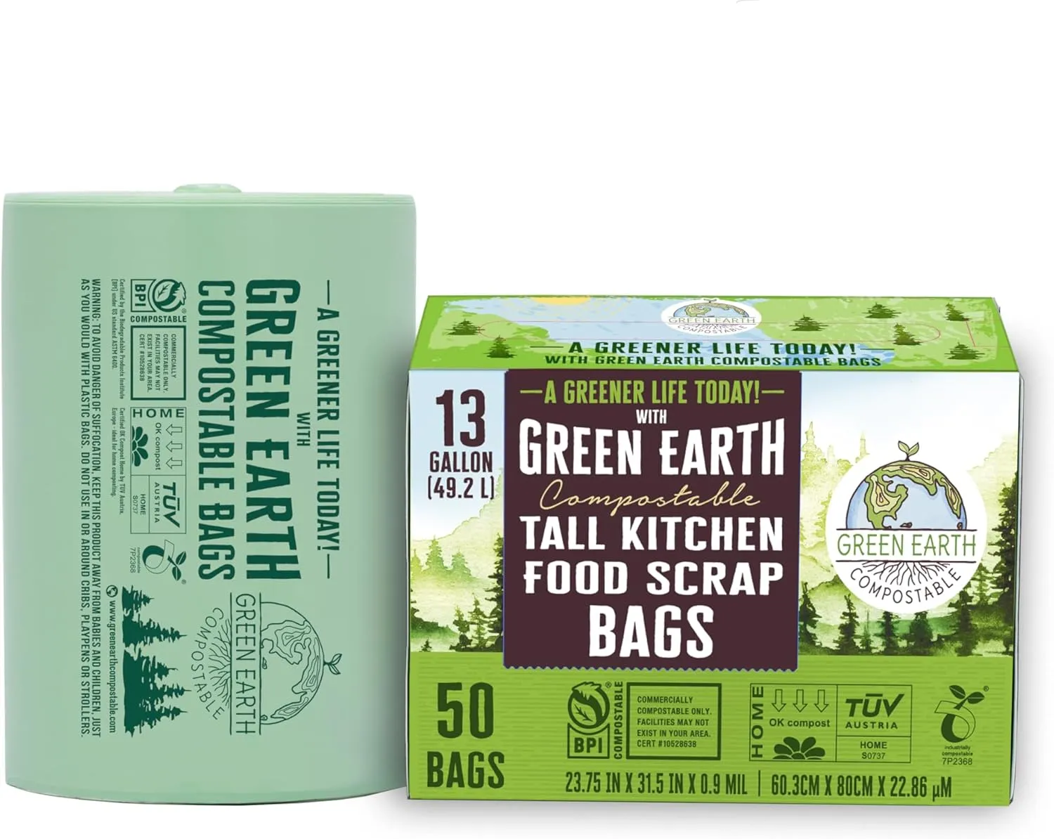 Green Earth Compostable Tall Kitchen Food Scrap Waste Bags, 13 Gallon, 49 Liter, 100-Count, Superior Strength 0.9 Mil Thickness, ASTM D6400, US BPI & Europe OK Compost Home Certified, USA