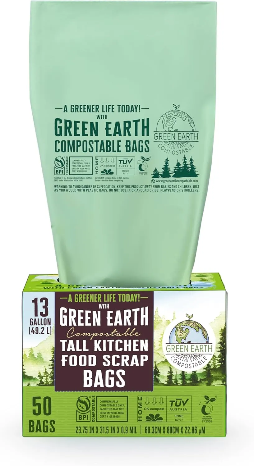 Green Earth Compostable Tall Kitchen Food Scrap Waste Bags, 13 Gallon, 49 Liter, 50-Count, Superior Strength 0.9 Mil Thickness, ASTM D6400, US BPI & Europe OK Compost Home Certified, USA