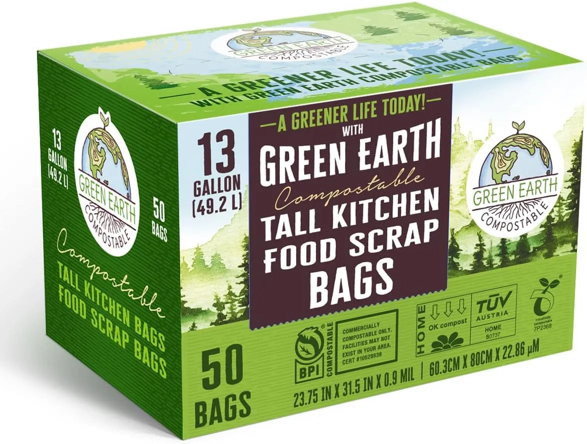 Green Earth Compostable Tall Kitchen Food Scrap Waste Bags, 13 Gallon, 49 Liter, 50-Count, Superior Strength 0.9 Mil Thickness, ASTM D6400, US BPI & Europe OK Compost Home Certified, USA