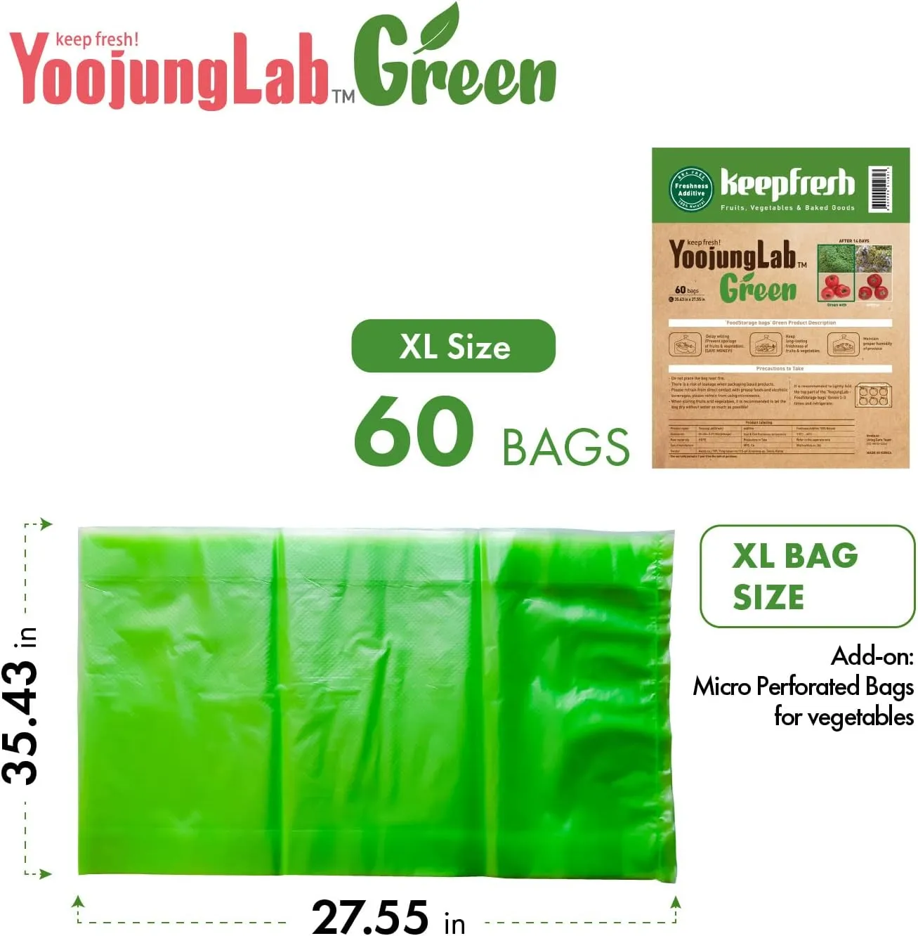 Green, Food Storage Bag, 35.43" 27.55" 60bags, Keep Fresh Produce Bags, Food Saver Storage for Fruits, Vegetables, BPA FREE, HDPE, Bread Bags, Disposable Storage Bags, Farm Produce