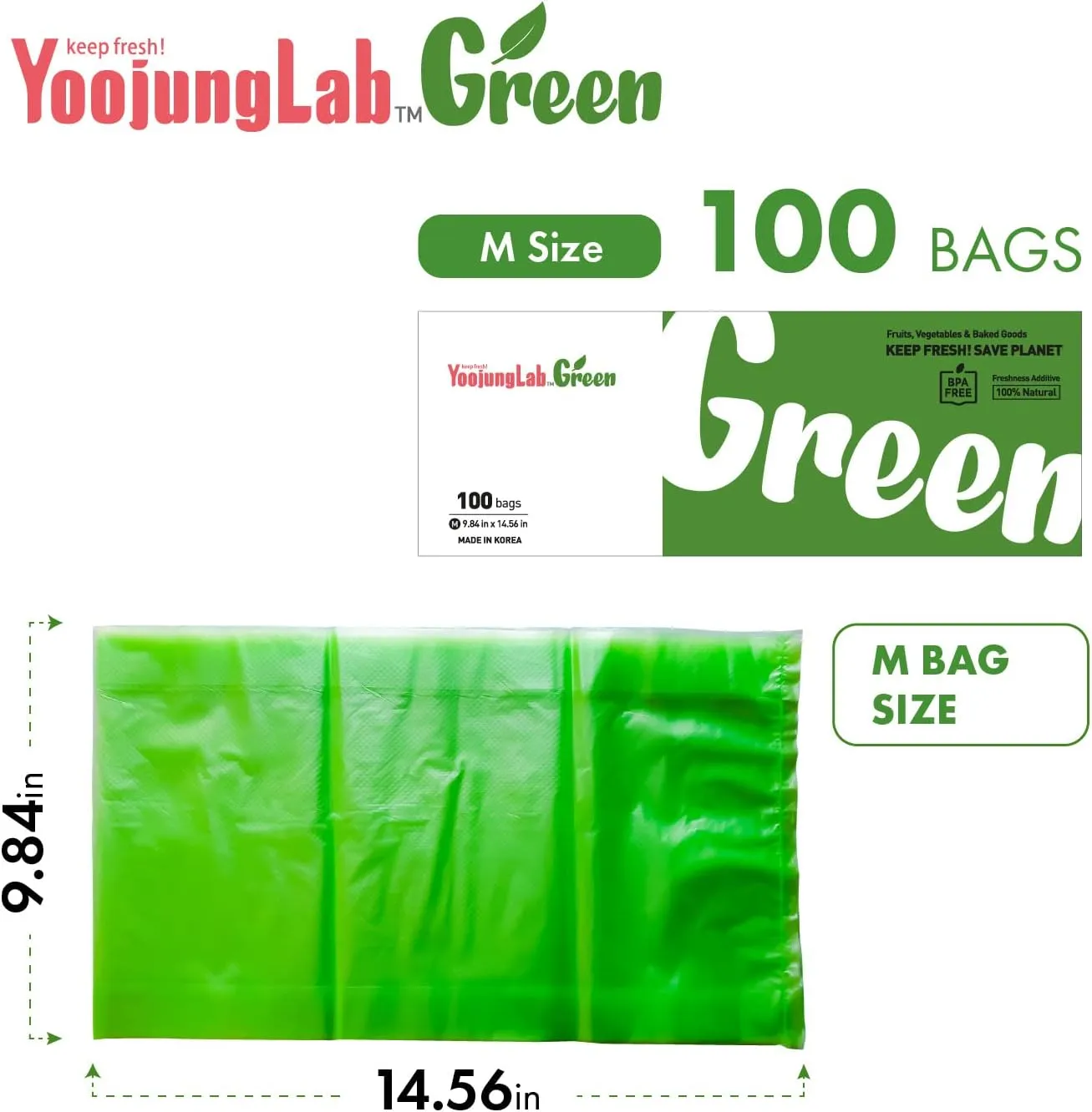 Green Food Storage Bags - 9.84" & 14.56" Sizes, 200 Bags, Keep Fresh Produce, Eco-Friendly, BPA FREE, HDPE