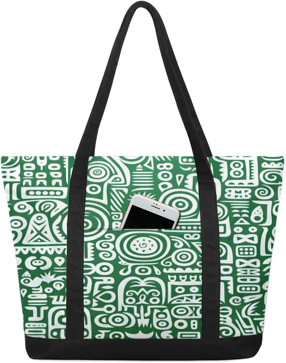 Green Geometric Abstraction Tote Bag for Women Work Canvas Travel Tote Bags with Zipper Large Capacity Casual Handbag with Inner Pockets Reusable Shopping Shoulder Bag for Teacher Nurse