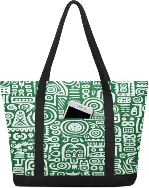 Green Geometric Abstraction Tote Bag for Women Work Canvas Travel Tote Bags with Zipper Large Capacity Casual Handbag with Inner Pockets Reusable Shopping Shoulder Bag for Teacher Nurse