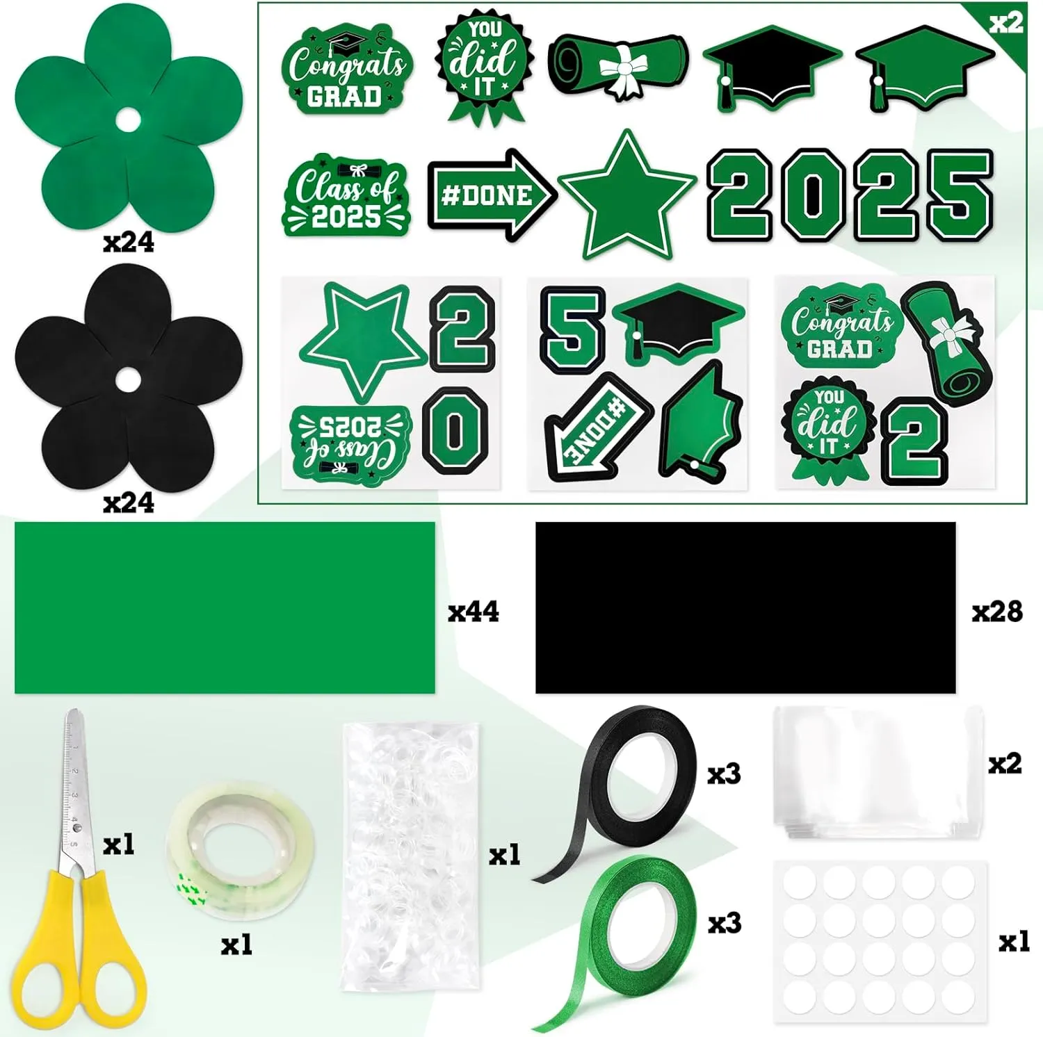 Green Graduation Money Lei, Class of 2025 Candy Lei Kit with Flower Sticker Pieces, Class of 2025 Congrats Senior High College School Grad Party Supplies Green & Black Set of 6 No Money Included