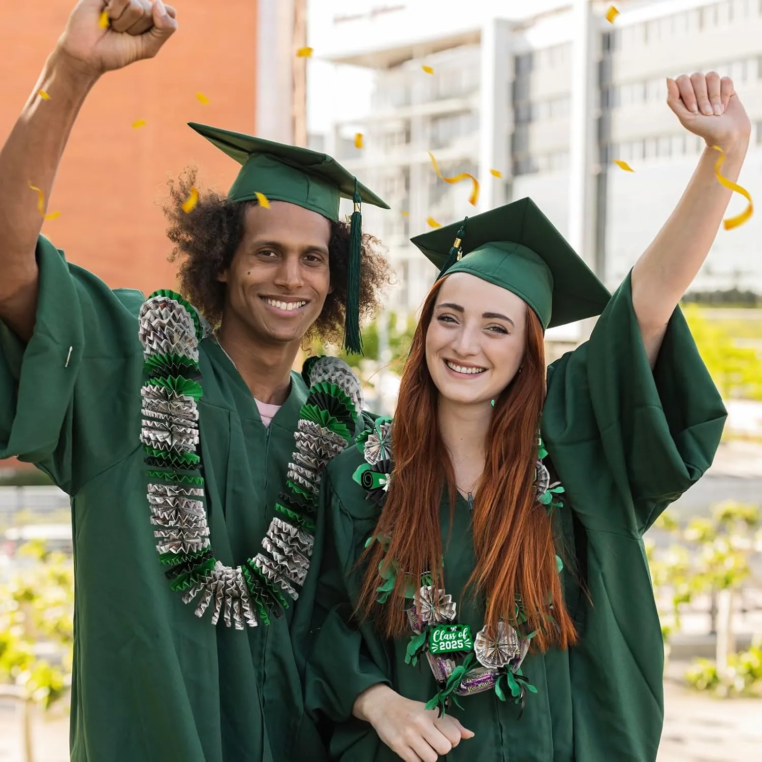Green Graduation Money Lei, Class of 2025 Candy Lei Kit with Flower Sticker Pieces, Class of 2025 Congrats Senior High College School Grad Party Supplies Green & Black Set of 6 No Money Included
