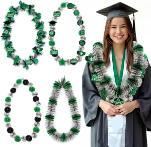 Green Graduation Money Lei, Class of 2025 Candy Lei Kit with Flower Sticker Pieces, Class of 2025 Congrats Senior High College School Grad Party Supplies Green & Black Set of 6 No Money Included