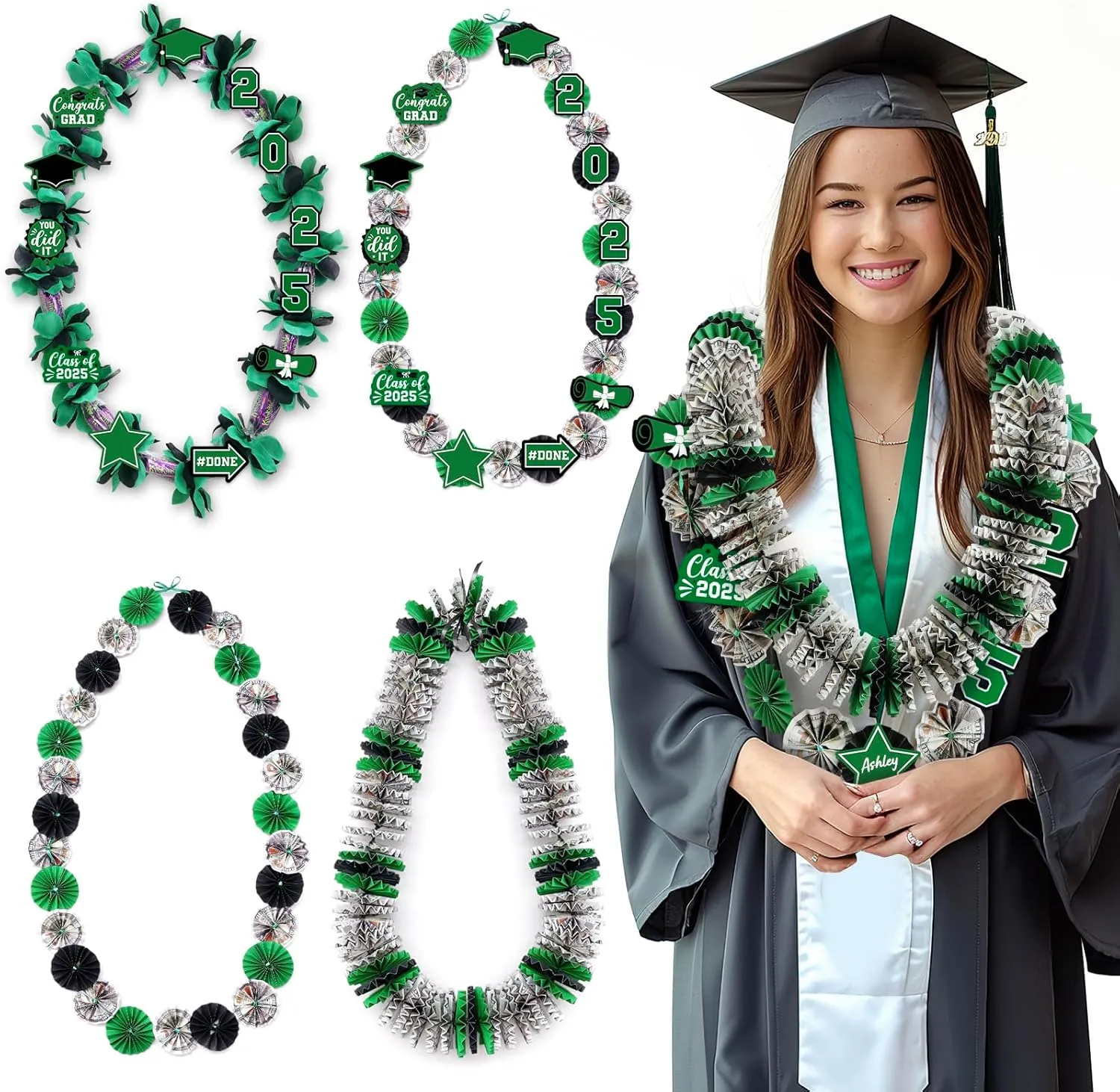 Green Graduation Money Lei, Class of 2025 Candy Lei Kit with Flower Sticker Pieces, Class of 2025 Congrats Senior High College School Grad Party Supplies Green & Black Set of 6 No Money Included