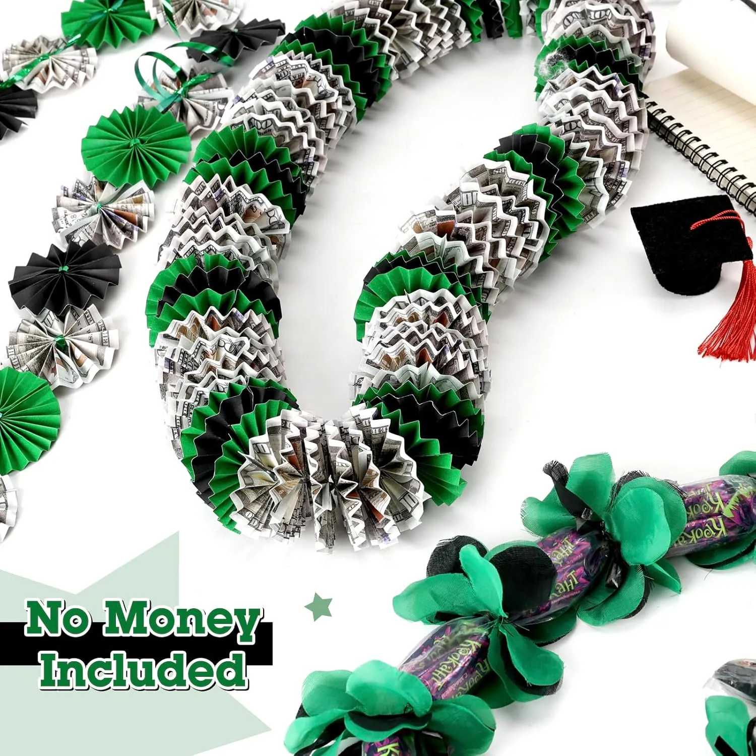 Green Graduation Money Lei, Class of 2025 Candy Lei Kit with Flower Sticker Pieces, Class of 2025 Congrats Senior High College School Grad Party Supplies Green & Black Set of 6 No Money Included