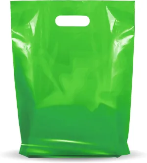 Green Merchandise Plastic Glossy Retail Bags 1000 Pack 12" x 15" with 1.25 mil Thick - Die Cut Handles - Perfect for Shopping, Party Favors, Birthdays, Parties - Color Green - 100% Recyclable
