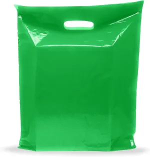 Green Merchandise Plastic Shopping Bags - 100 Pack 12" x 15" with 1.5 mil Thick - Die Cut Handles - Perfect for Retail, Party Favors, Birthdays, Goodie Bags - Color Green - 100% Recyclable