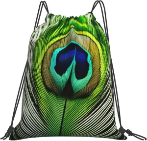 Green Peacock Feather print Drawstring Shoulder Bag,Gym Bag,Outdoor Portable Shoulder Bag,Sports Yoga Bag