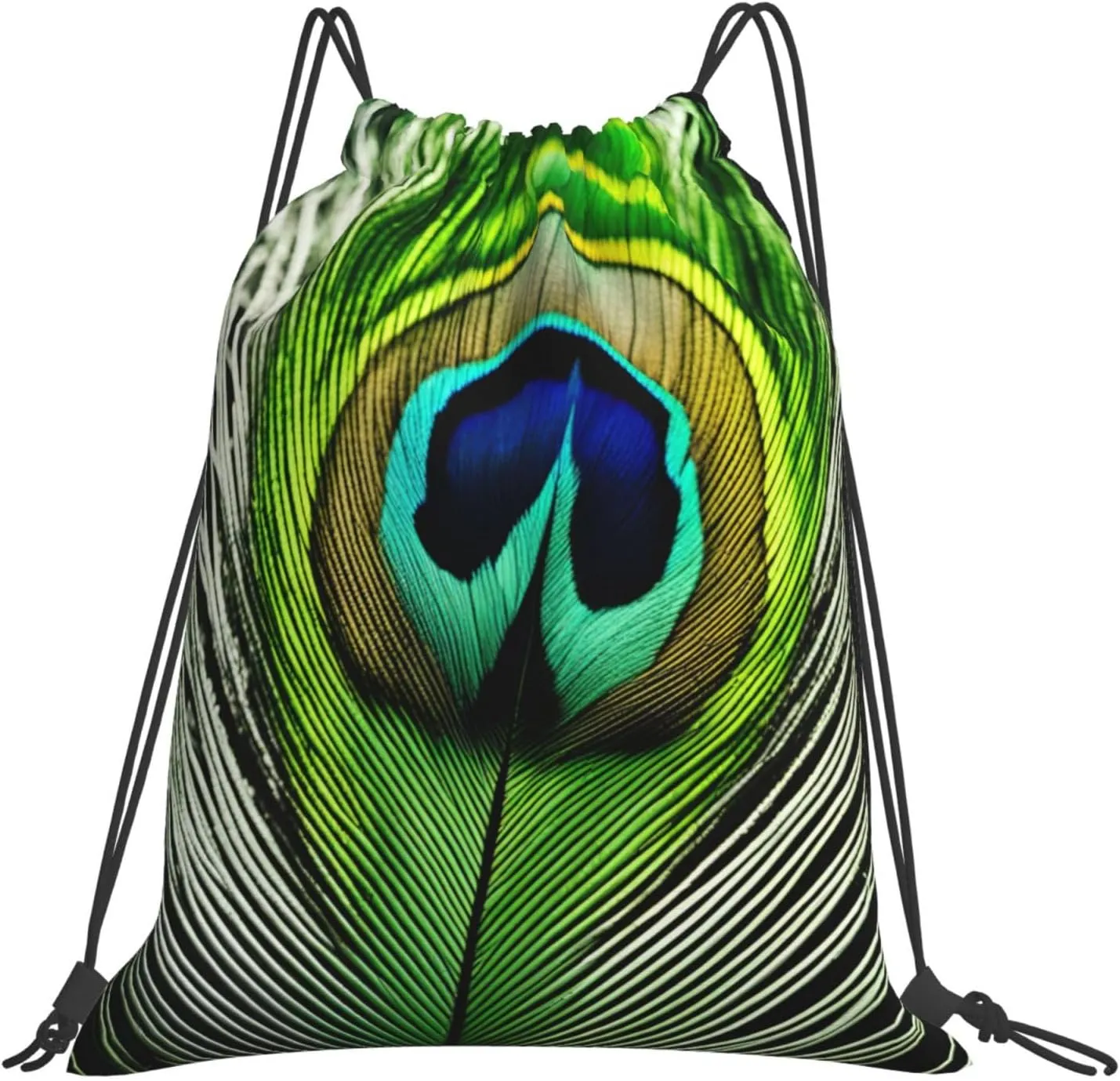 Green Peacock Feather print Drawstring Shoulder Bag,Gym Bag,Outdoor Portable Shoulder Bag,Sports Yoga Bag