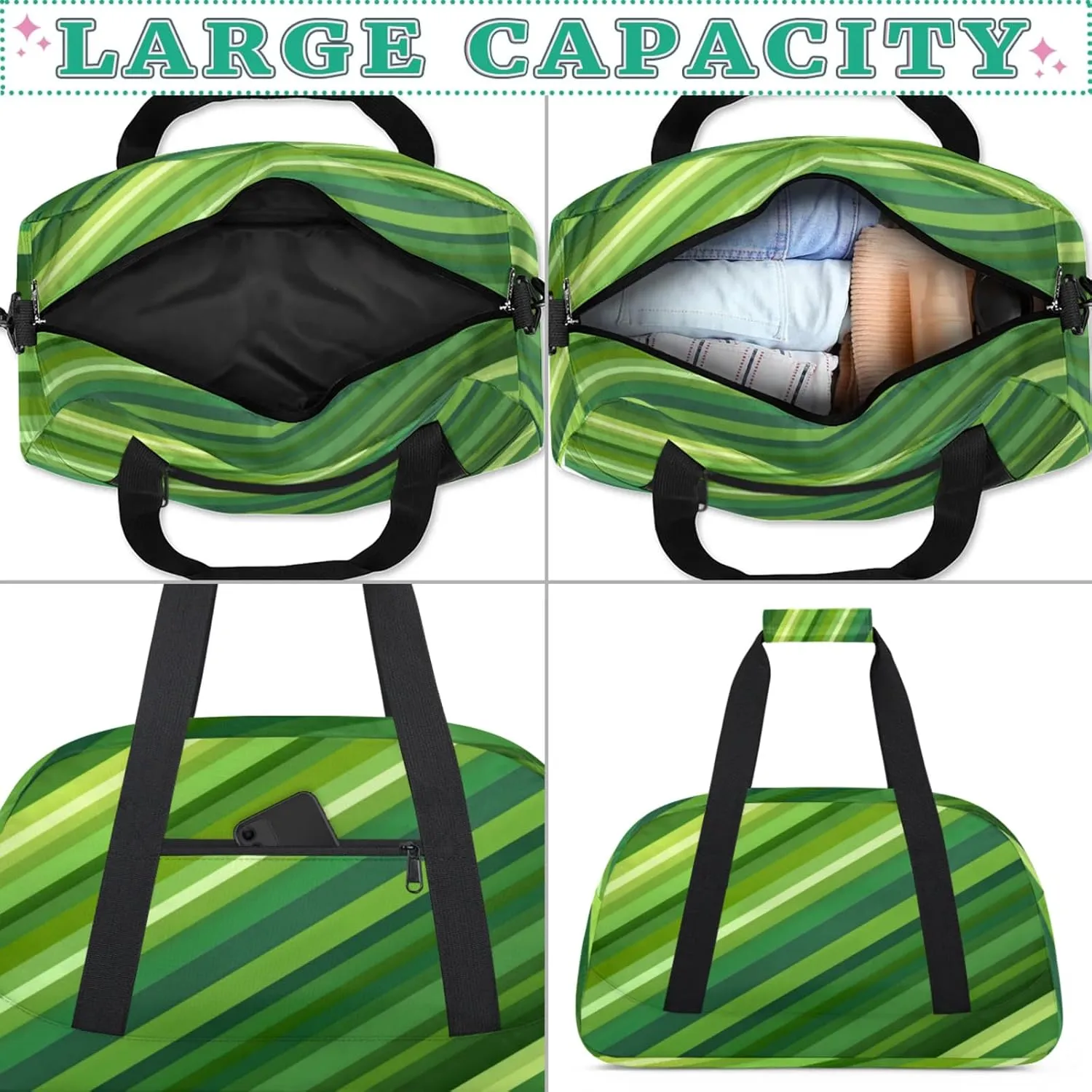 Green Small Gym Bag for Women Men, Stripes Travel Duffle Bag Workout Dance Tote Bag Carry On Overnight Weekender Bag