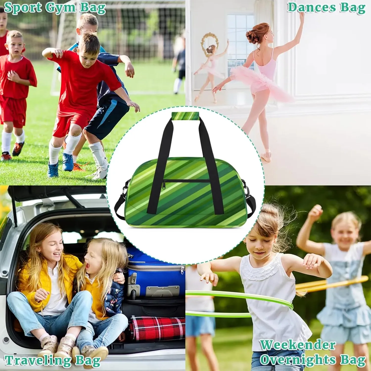 Green Small Gym Bag for Women Men, Stripes Travel Duffle Bag Workout Dance Tote Bag Carry On Overnight Weekender Bag