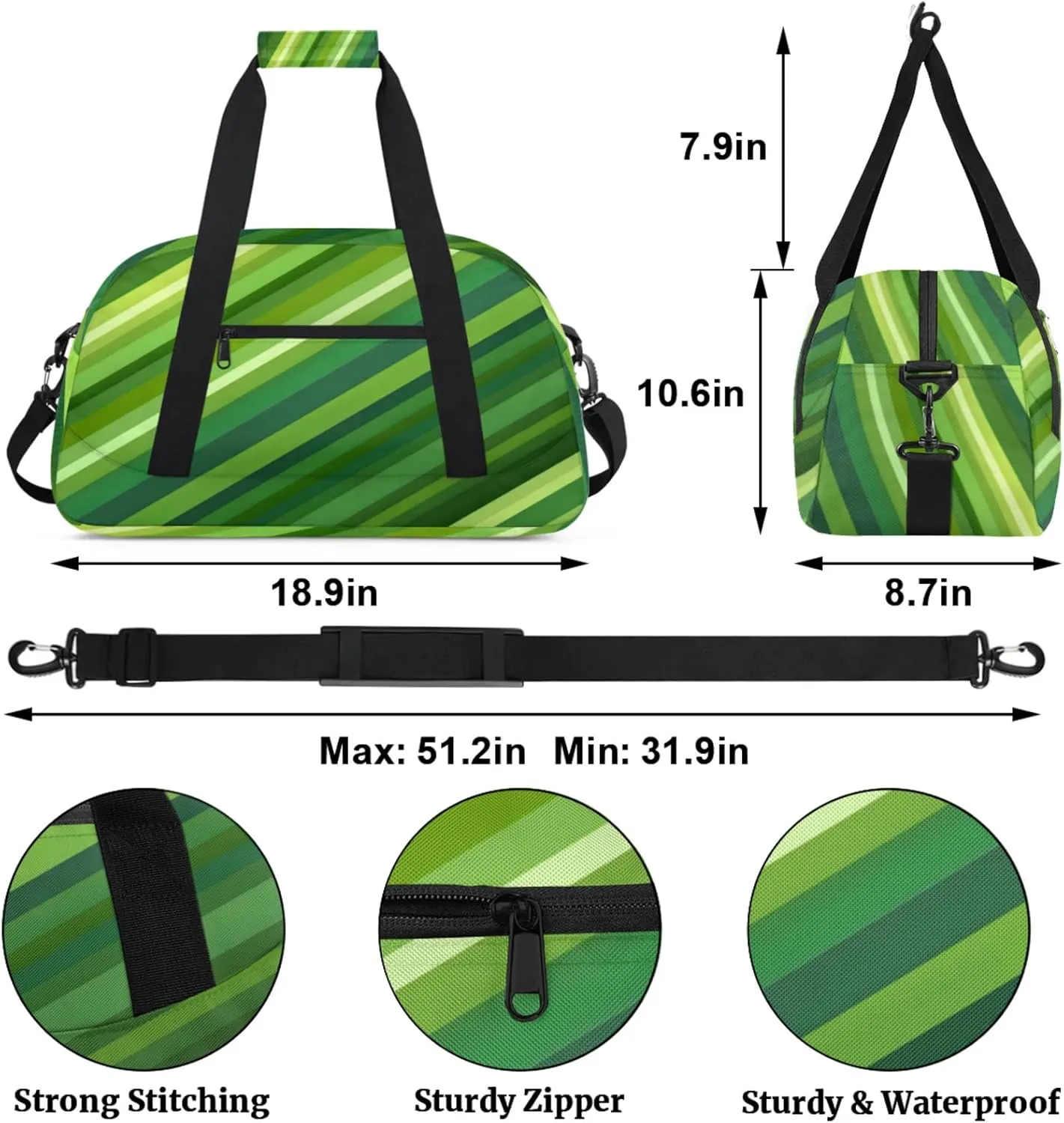 Green Small Gym Bag for Women Men, Stripes Travel Duffle Bag Workout Dance Tote Bag Carry On Overnight Weekender Bag