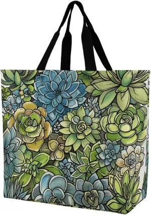Green Succulent Picture Handbags Lightweight Travel Shoulder Bag Portable Cute Shopping Beach Market Bag for Men Women Hiking Yoga Gym Swimming Travel Holiday Gift