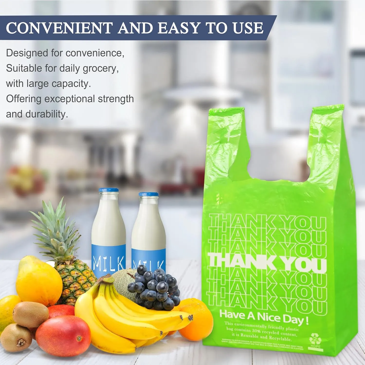 Green Thank you bags, 1000PCS T shirt bags, To Go Bags,Grocery bags, Reusable and Disposable,Perfect for Small Business,Take Out,Retail, Large