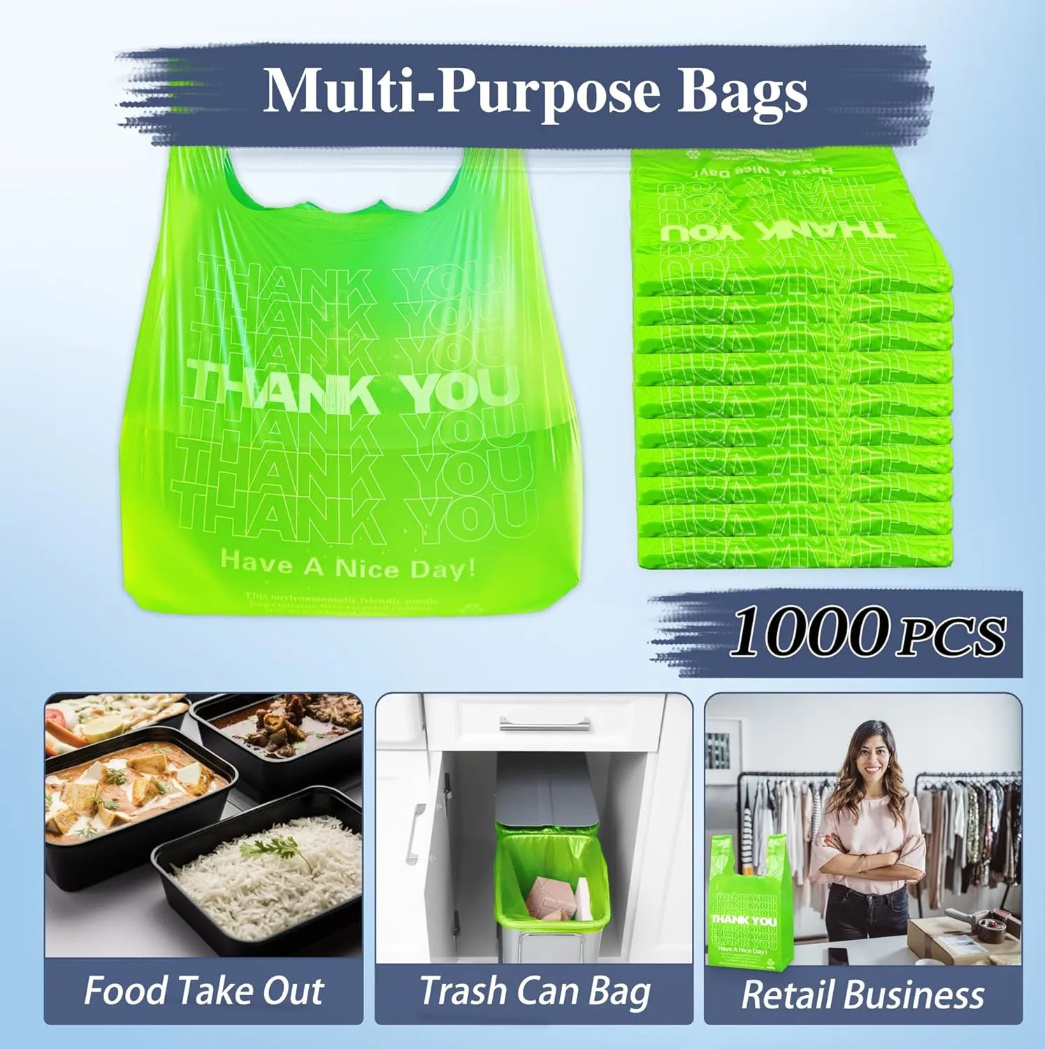 Green Thank you bags, 1000PCS T shirt bags, To Go Bags,Grocery bags, Reusable and Disposable,Perfect for Small Business,Take Out,Retail, Large