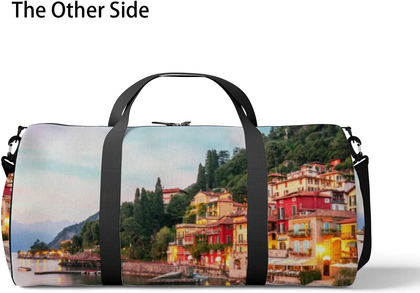 Green Varenna Scenic Sunset View Como Lake Sports Bag Tote Bag Waterproof Gym Bag with Shoulder Strap Zipper 2 Side Pockets for Men and Women, Travel and Storage Shoulder Bag.