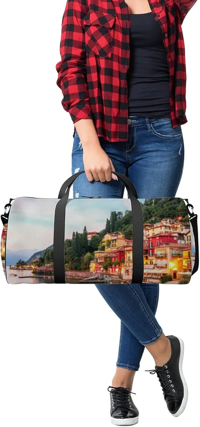 Green Varenna Scenic Sunset View Como Lake Sports Bag Tote Bag Waterproof Gym Bag with Shoulder Strap Zipper 2 Side Pockets for Men and Women, Travel and Storage Shoulder Bag.