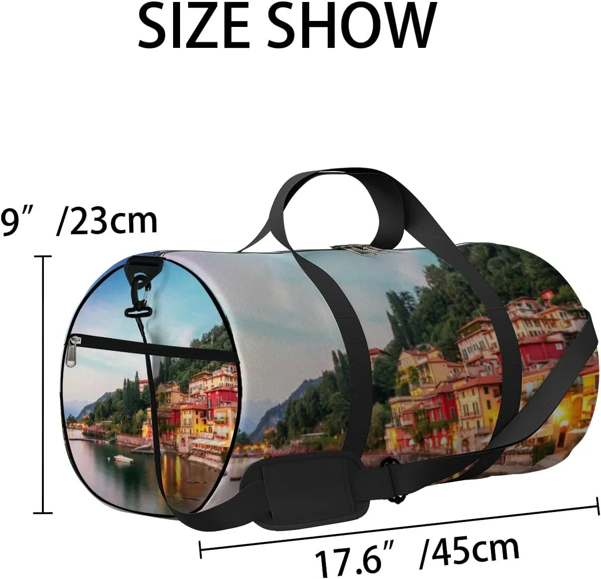Green Varenna Scenic Sunset View Como Lake Sports Bag Tote Bag Waterproof Gym Bag with Shoulder Strap Zipper 2 Side Pockets for Men and Women, Travel and Storage Shoulder Bag.