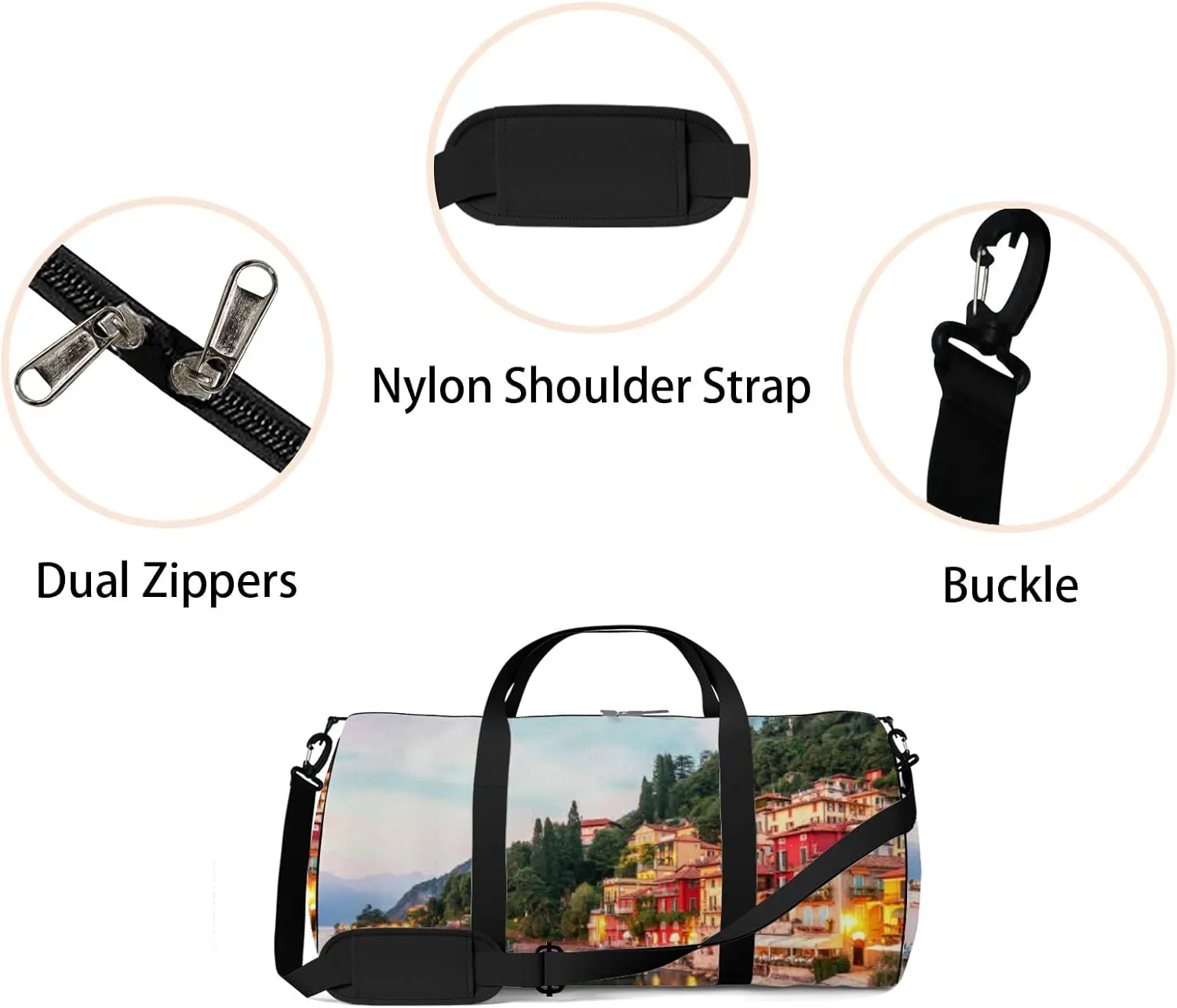 Green Varenna Scenic Sunset View Como Lake Sports Bag Tote Bag Waterproof Gym Bag with Shoulder Strap Zipper 2 Side Pockets for Men and Women, Travel and Storage Shoulder Bag.