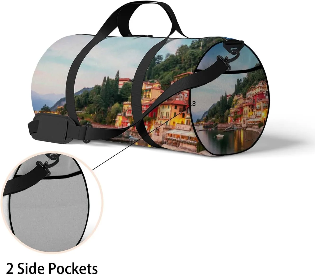 Green Varenna Scenic Sunset View Como Lake Sports Bag Tote Bag Waterproof Gym Bag with Shoulder Strap Zipper 2 Side Pockets for Men and Women, Travel and Storage Shoulder Bag.