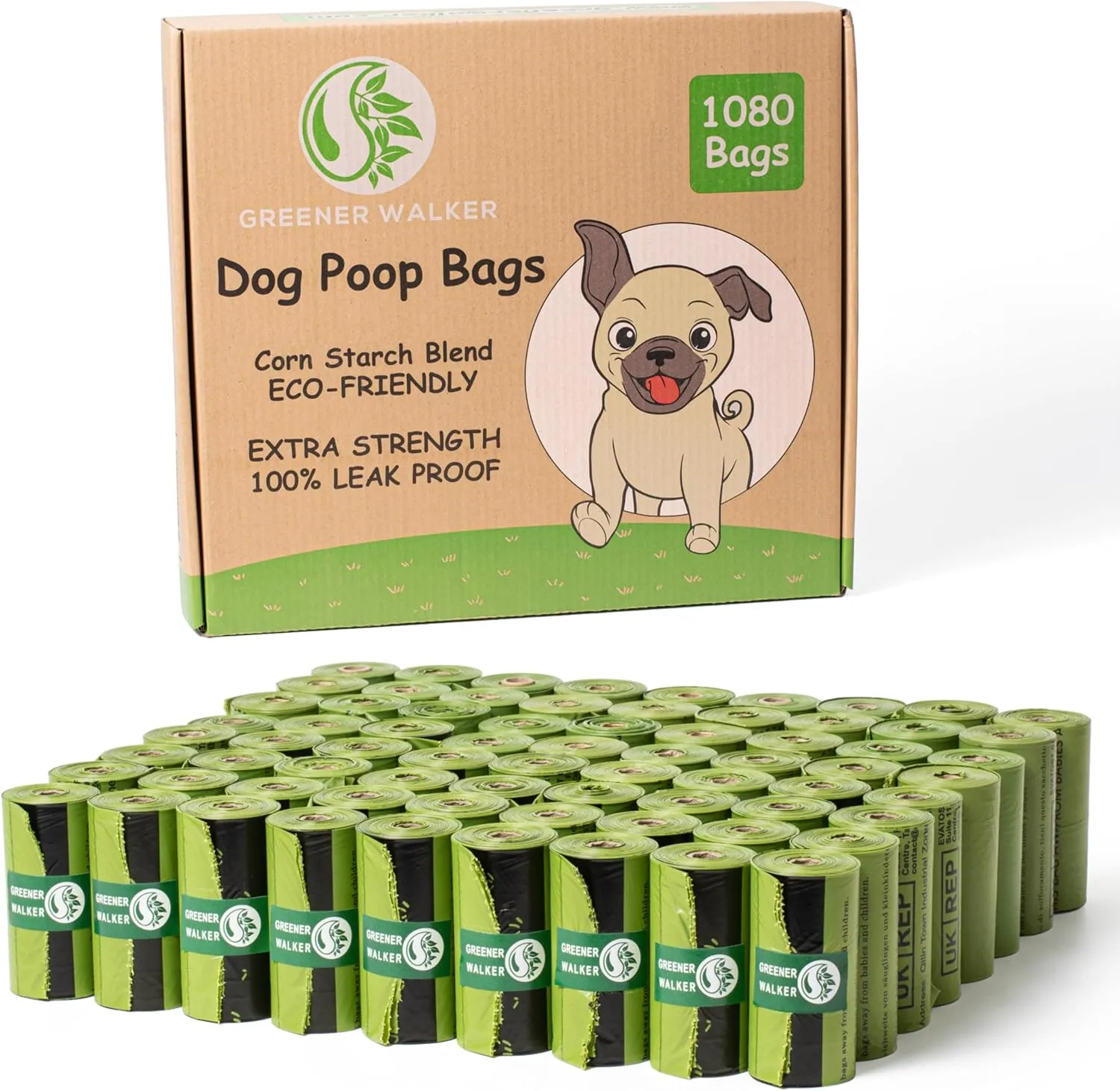 GREENER WALKER Poop Bags for Dog Waste, 1080 Doggy Waste Bags Extra Thick Strong 100% Leak-Proof (Green)
