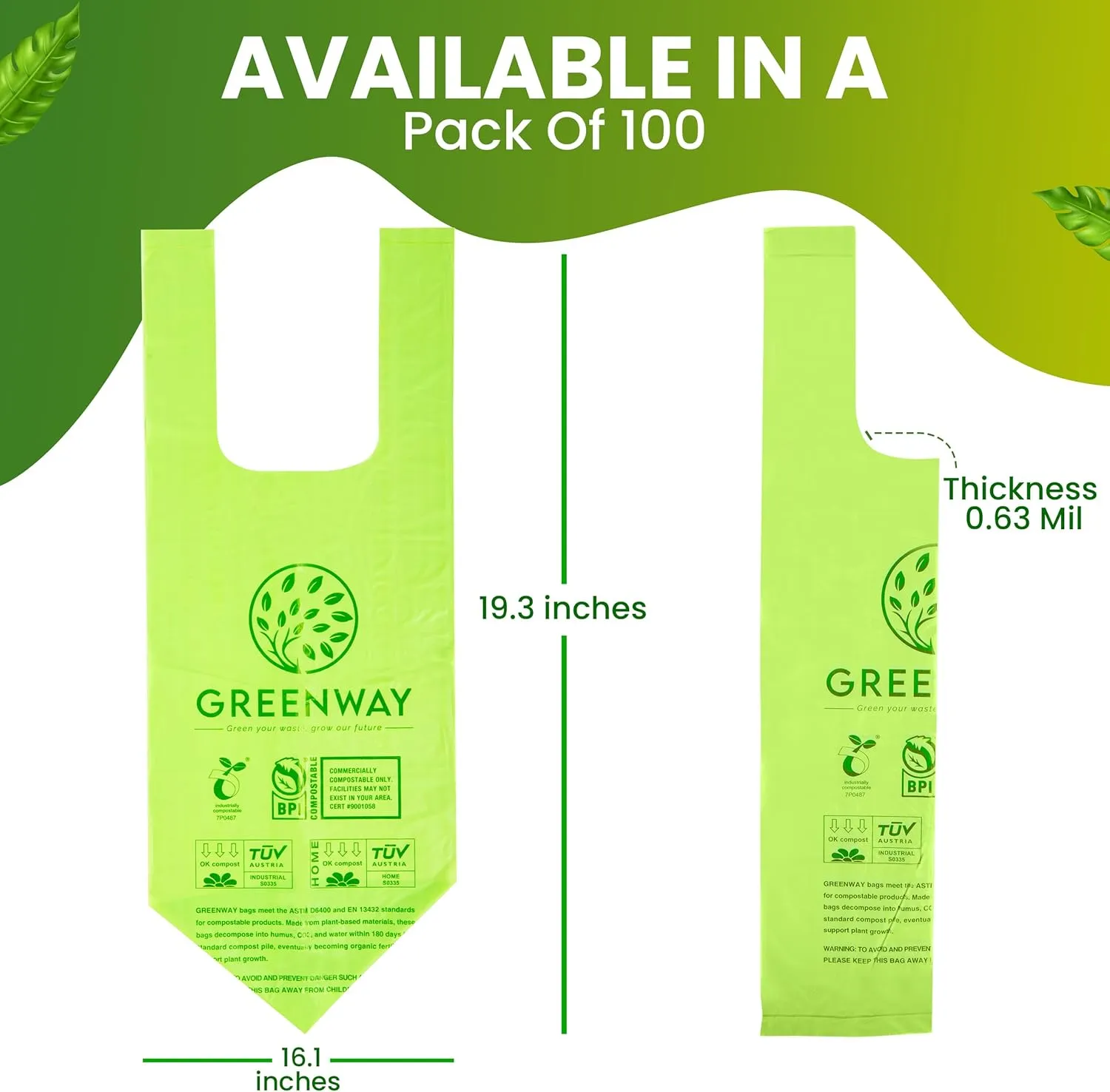 GREENWAY 1.6 Gallon Compostable Food Scrap Bags with Handles, 100 Count, US BPI & Europe OK Compost Home Certified