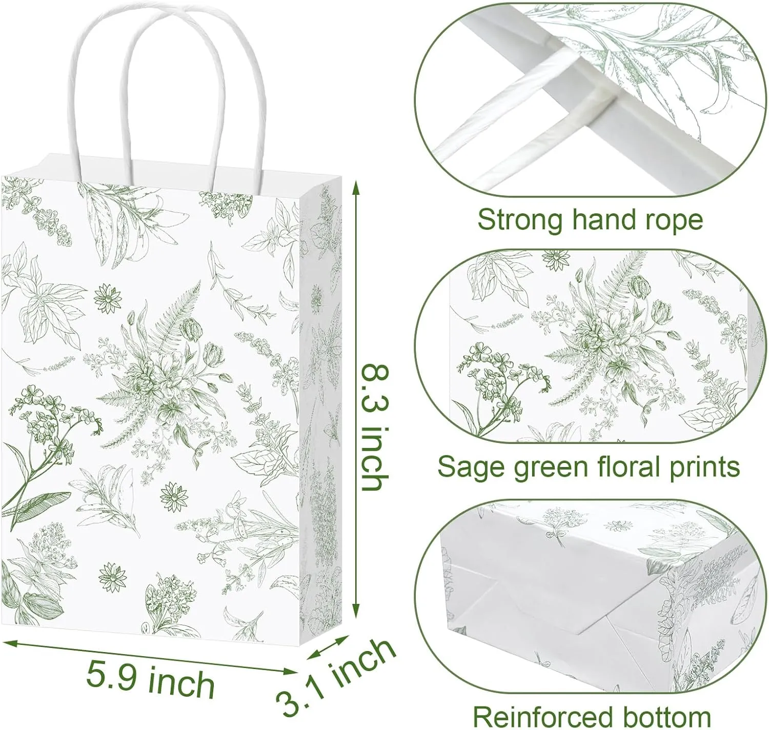 Gueevin 24 Pcs Floral Gift Bags Bulk Flower Paper Party Bags with Handles Decorative Packaging Goodie Candy Treat Pouches for Wedding Birthday Party Favors, 5.9 x 8.3 x 3.1 Inch(Sage Green)