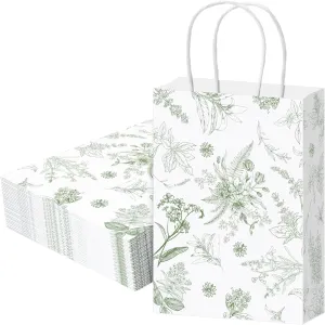 Gueevin 24 Pcs Floral Gift Bags Bulk Flower Paper Party Bags with Handles Decorative Packaging Goodie Candy Treat Pouches for Wedding Birthday Party Favors, 5.9 x 8.3 x 3.1 Inch(Sage Green)