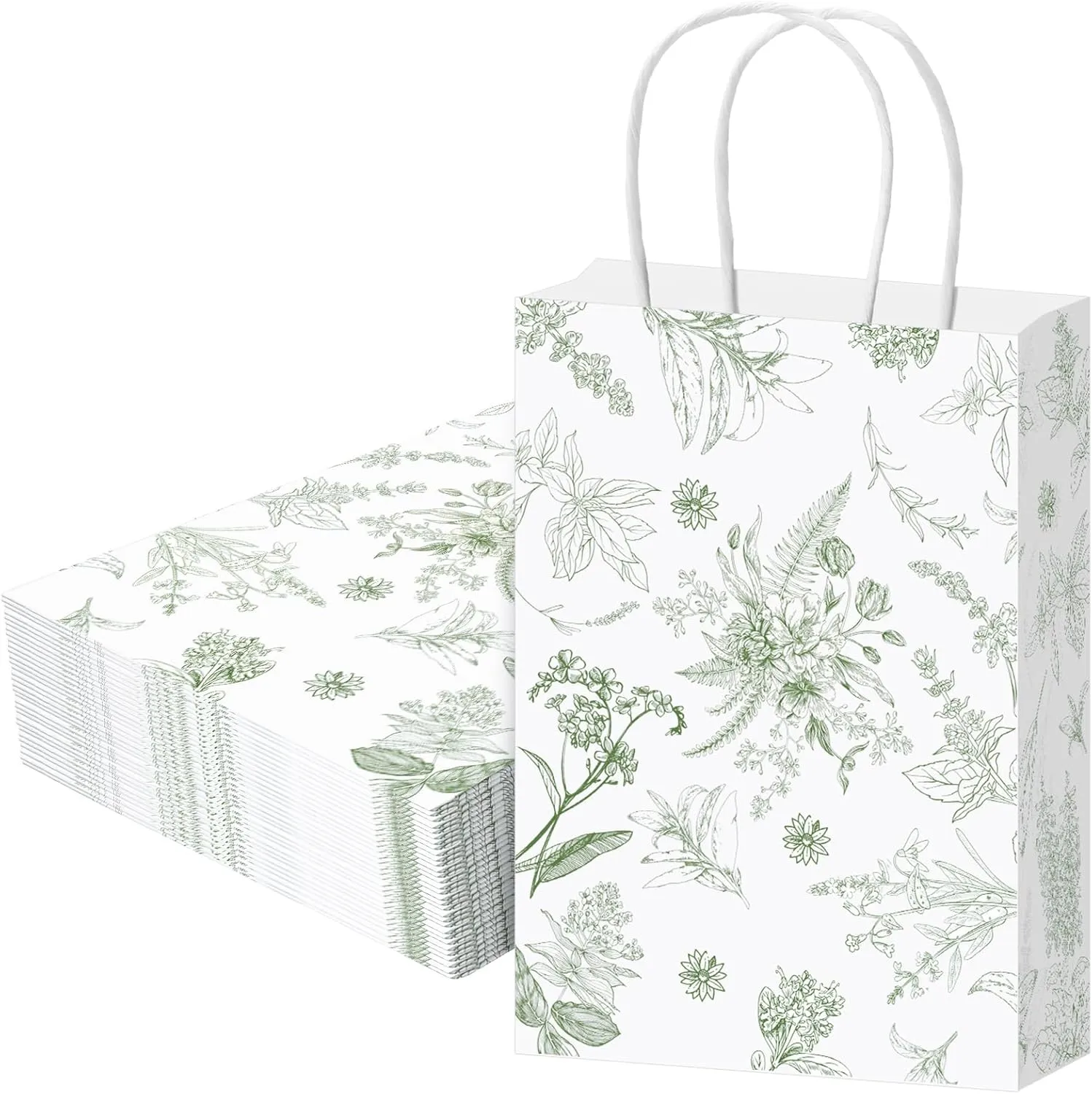 Gueevin 24 Pcs Floral Gift Bags Bulk Flower Paper Party Bags with Handles Decorative Packaging Goodie Candy Treat Pouches for Wedding Birthday Party Favors, 5.9 x 8.3 x 3.1 Inch(Sage Green)