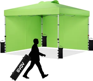 GVDV 10x10FT Pop Up Canopy Tent with 2 Sidewalls, Beach Tent - Easy Up Outdoor Sun Shade for Events, Parties, Camping - Gazebo with 4 Weight Bags & Carry Bag, Green
