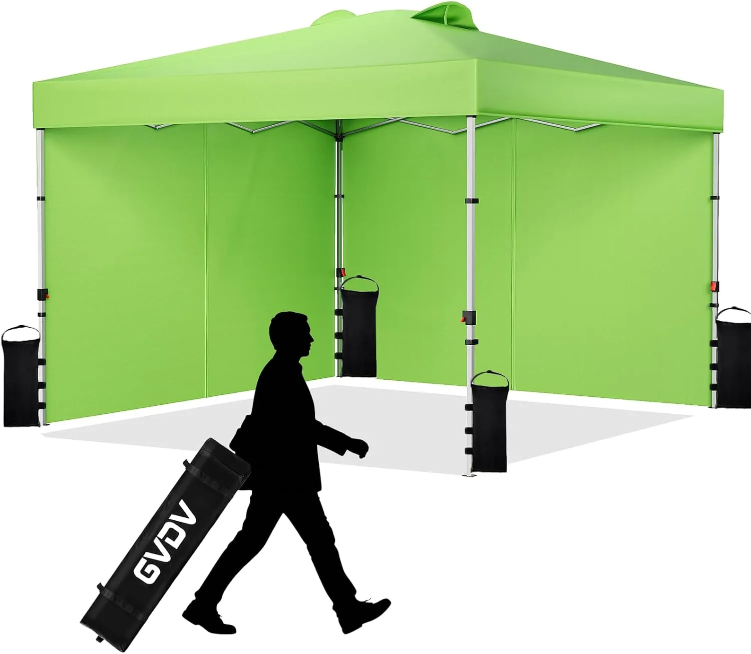 GVDV 10x10FT Pop Up Canopy Tent with 2 Sidewalls, Beach Tent - Easy Up Outdoor Sun Shade for Events, Parties, Camping - Gazebo with 4 Weight Bags & Carry Bag, Green