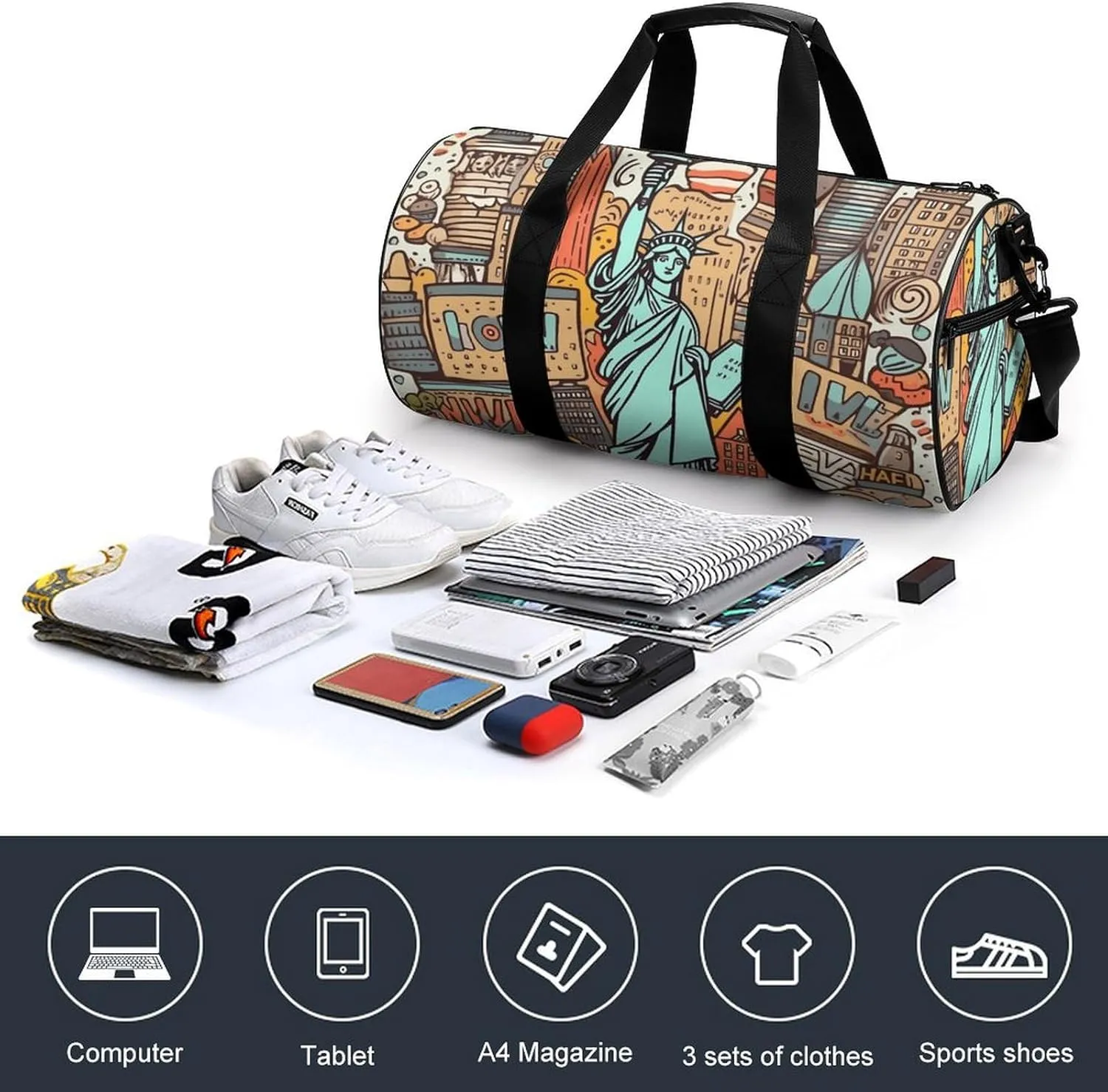Gym Bag American Theme Art Duffel Bag for Men Women Overnight Bag with Shoe Compartment Workout Bags