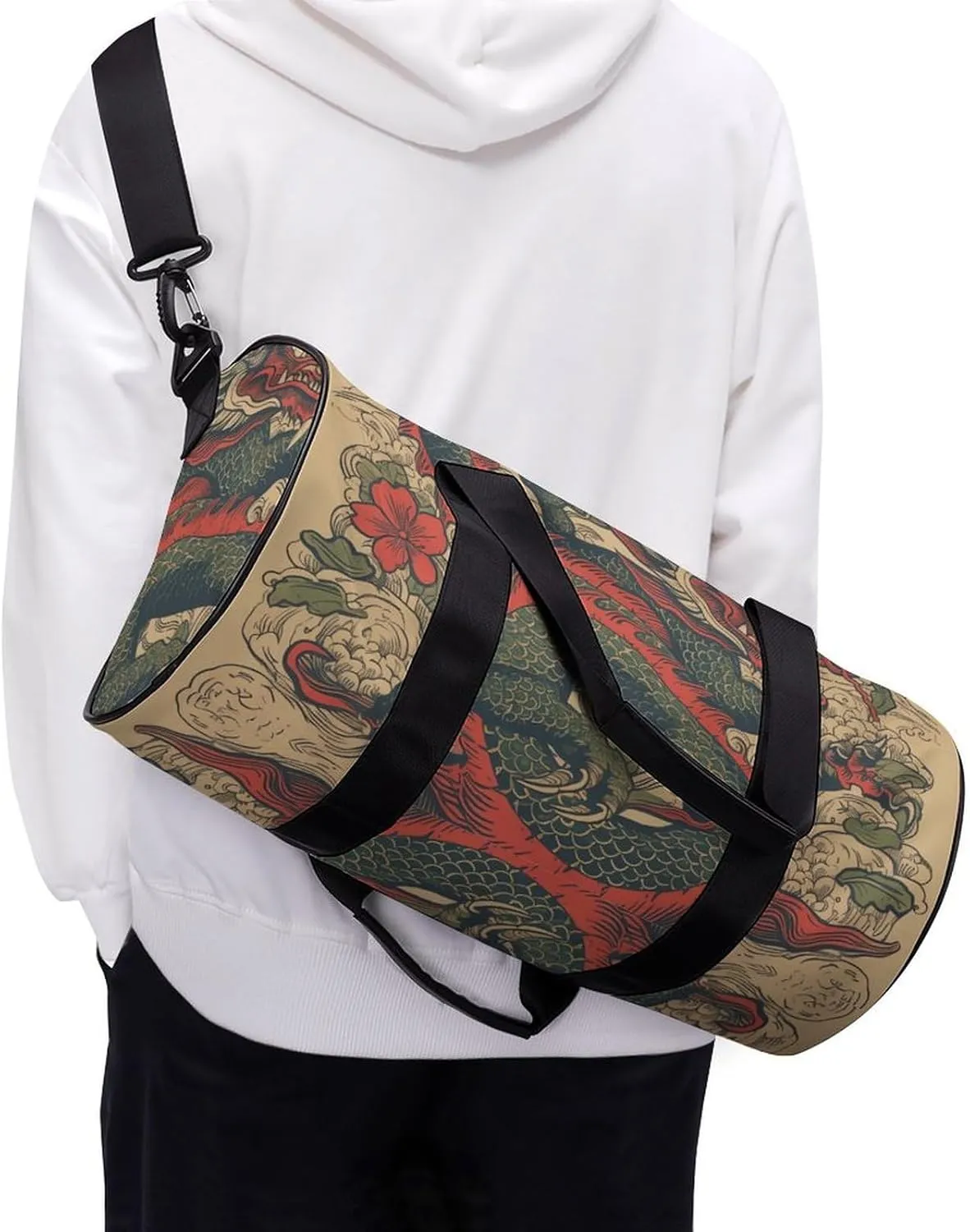 Gym Bag Beige Dragon Pattern Duffel Bag for Men Women Overnight Bag with Shoe Compartment Workout Bags