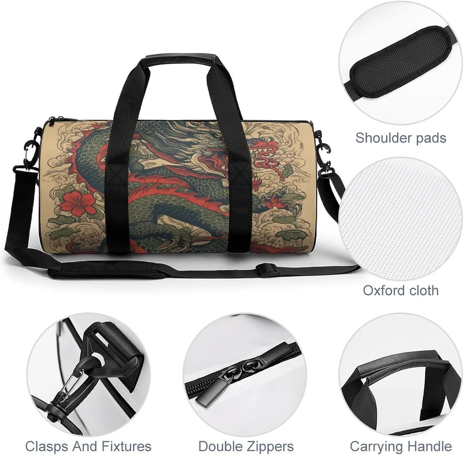 Gym Bag Beige Dragon Pattern Duffel Bag for Men Women Overnight Bag with Shoe Compartment Workout Bags