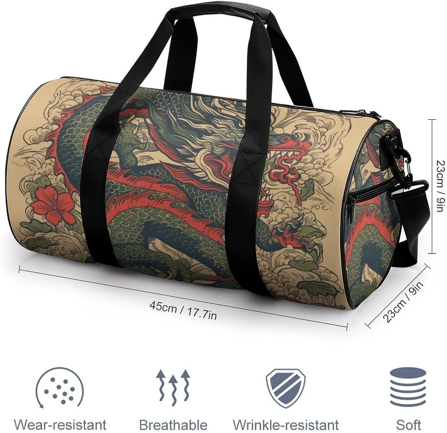 Gym Bag Beige Dragon Pattern Duffel Bag for Men Women Overnight Bag with Shoe Compartment Workout Bags