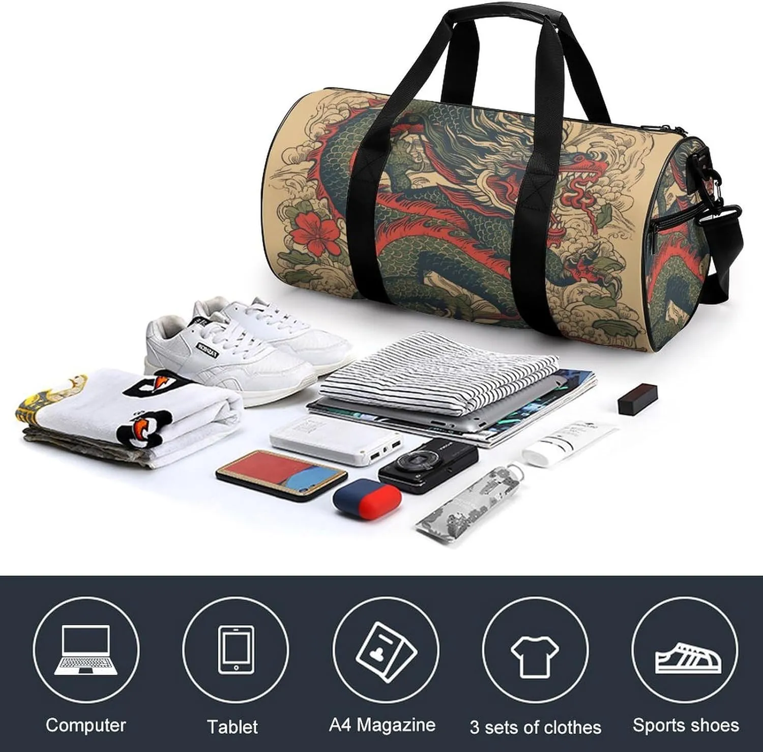 Gym Bag Beige Dragon Pattern Duffel Bag for Men Women Overnight Bag with Shoe Compartment Workout Bags