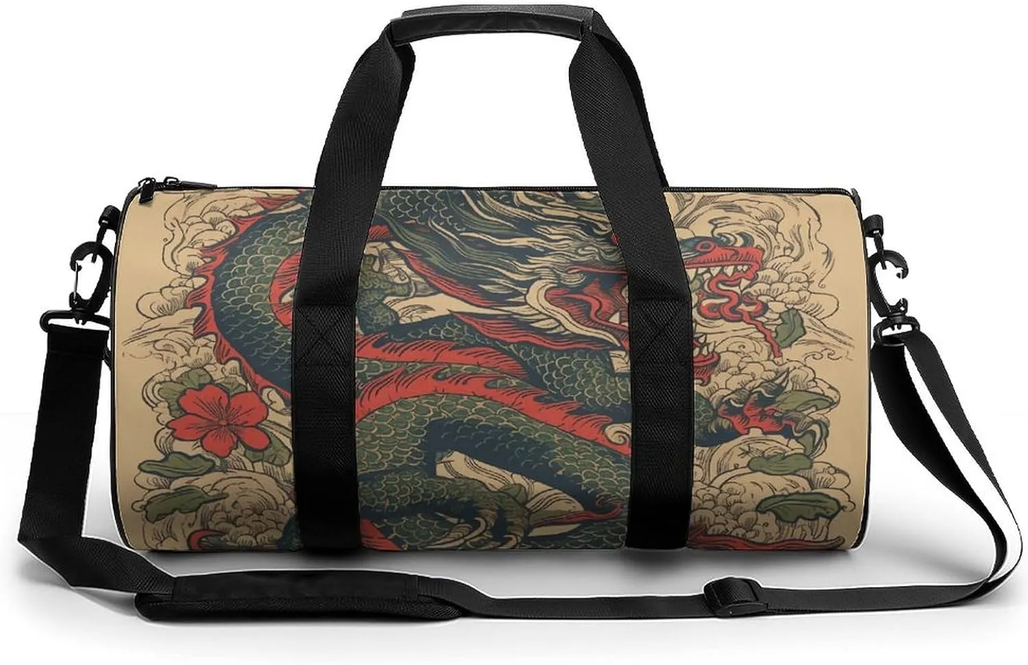 Gym Bag Beige Dragon Pattern Duffel Bag for Men Women Overnight Bag with Shoe Compartment Workout Bags