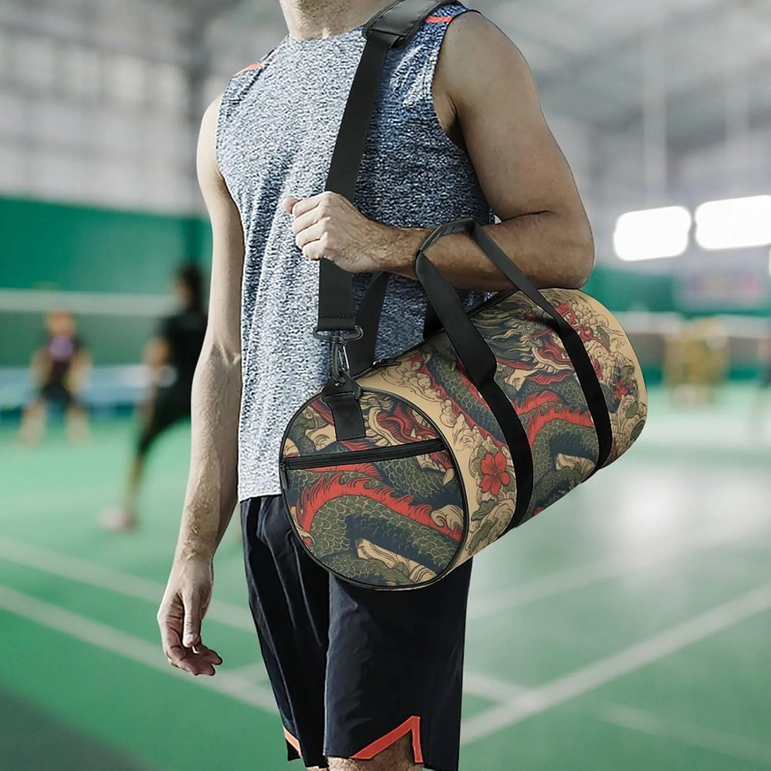 Gym Bag Beige Dragon Pattern Duffel Bag for Men Women Overnight Bag with Shoe Compartment Workout Bags