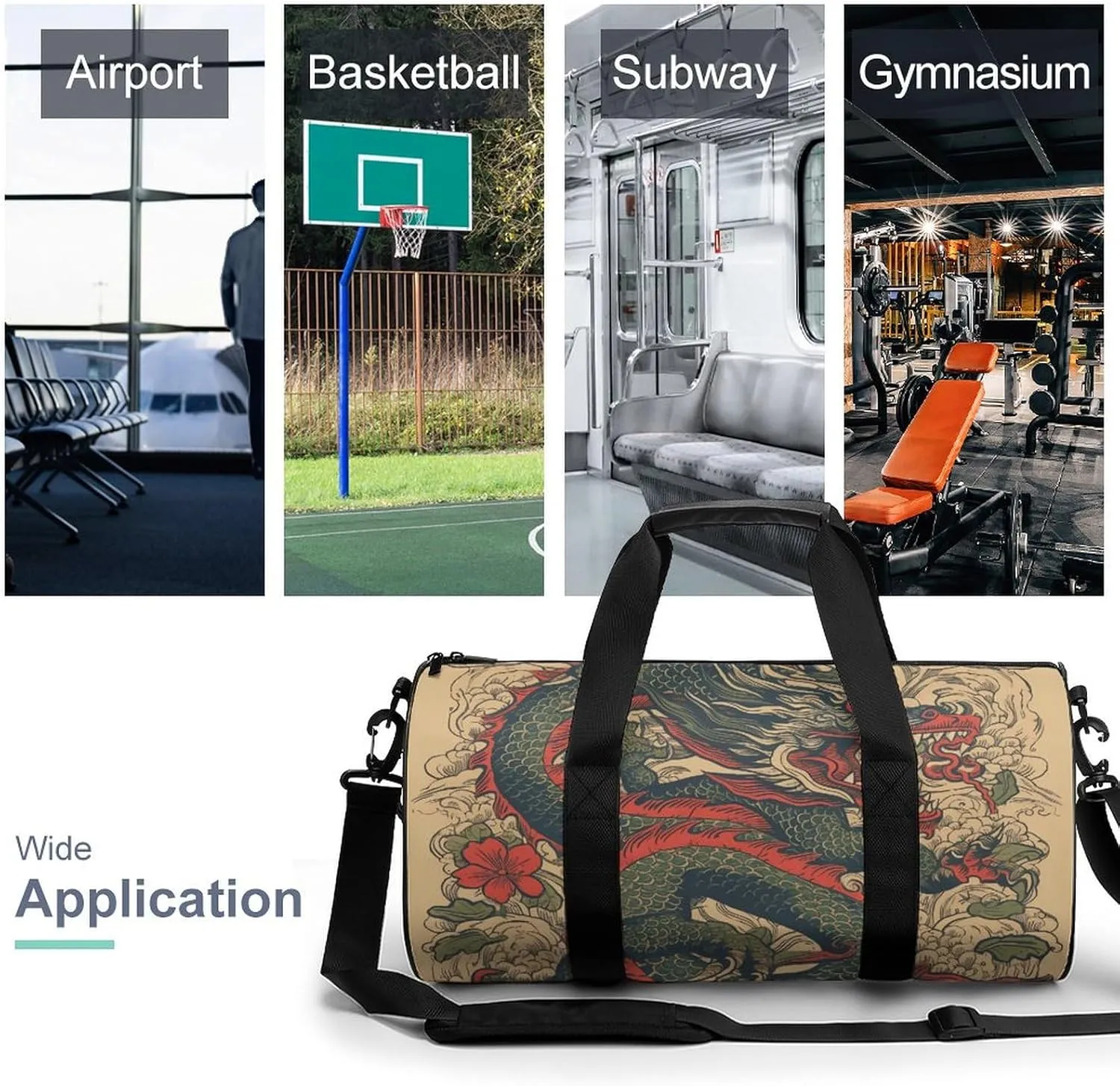 Gym Bag Beige Dragon Pattern Duffel Bag for Men Women Overnight Bag with Shoe Compartment Workout Bags