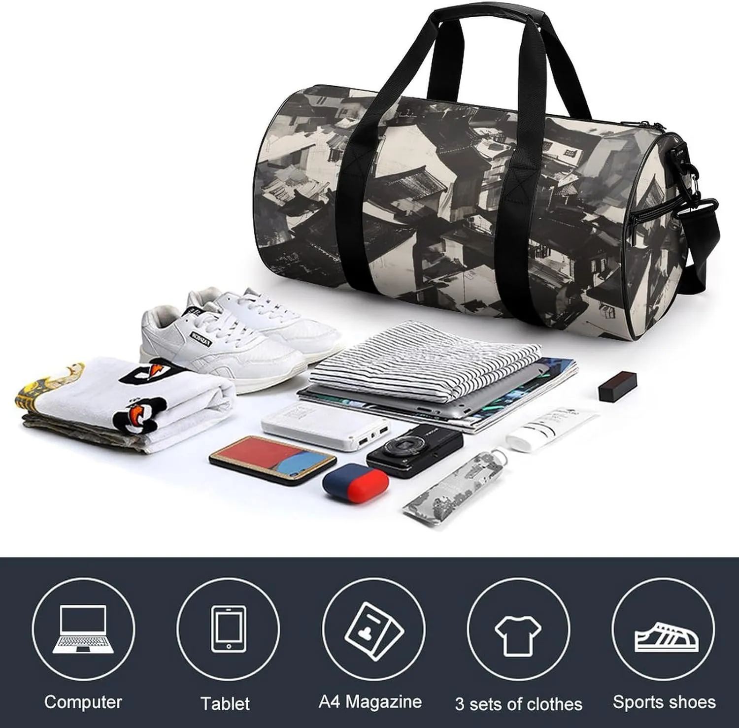 Gym Bag Black And White Painting Duffel Bag for Men Women Overnight Bag with Shoe Compartment Workout Bags