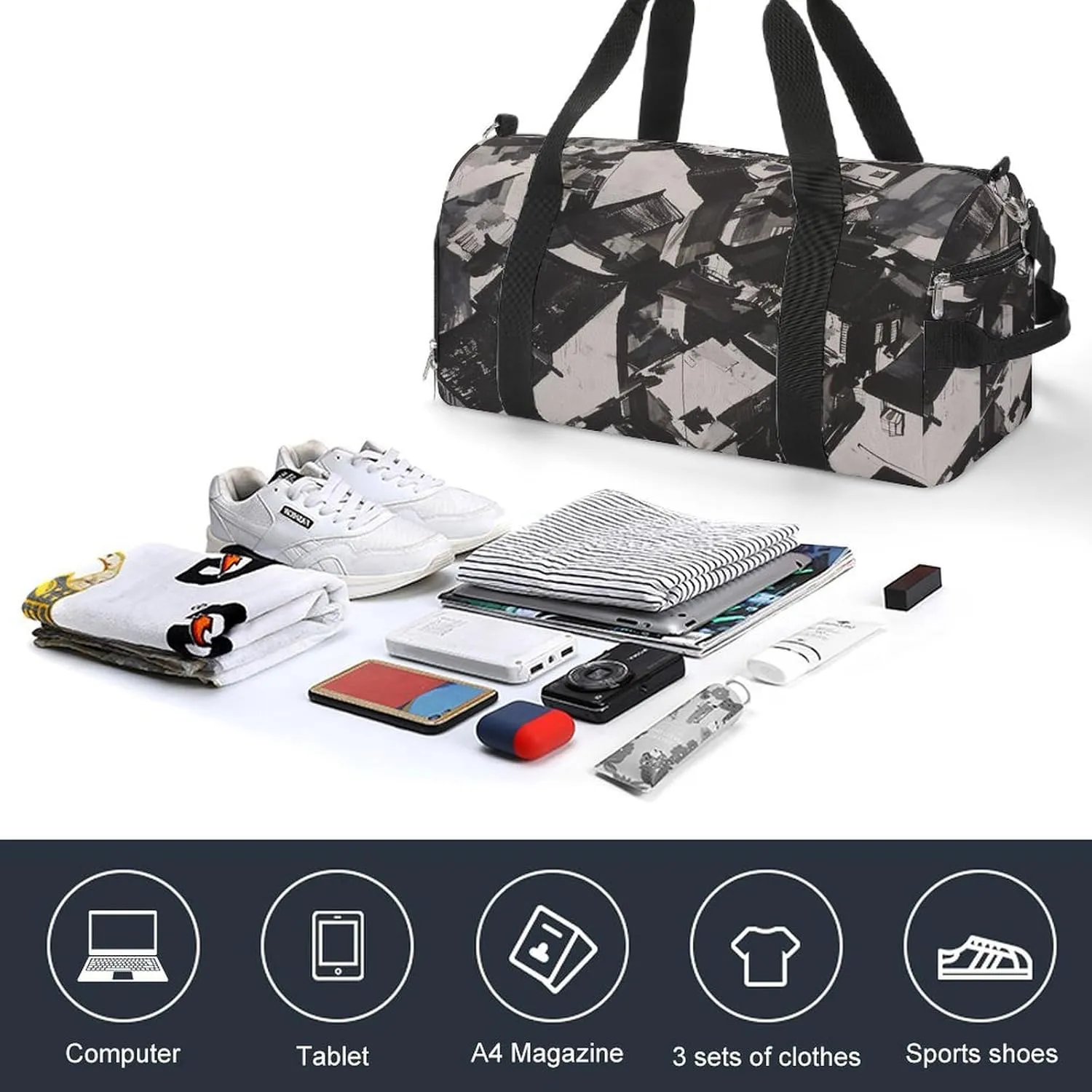 Gym Bag Black And White Painting Duffel Bag for Men Women Overnight Bag with Shoe Compartment Workout Bags