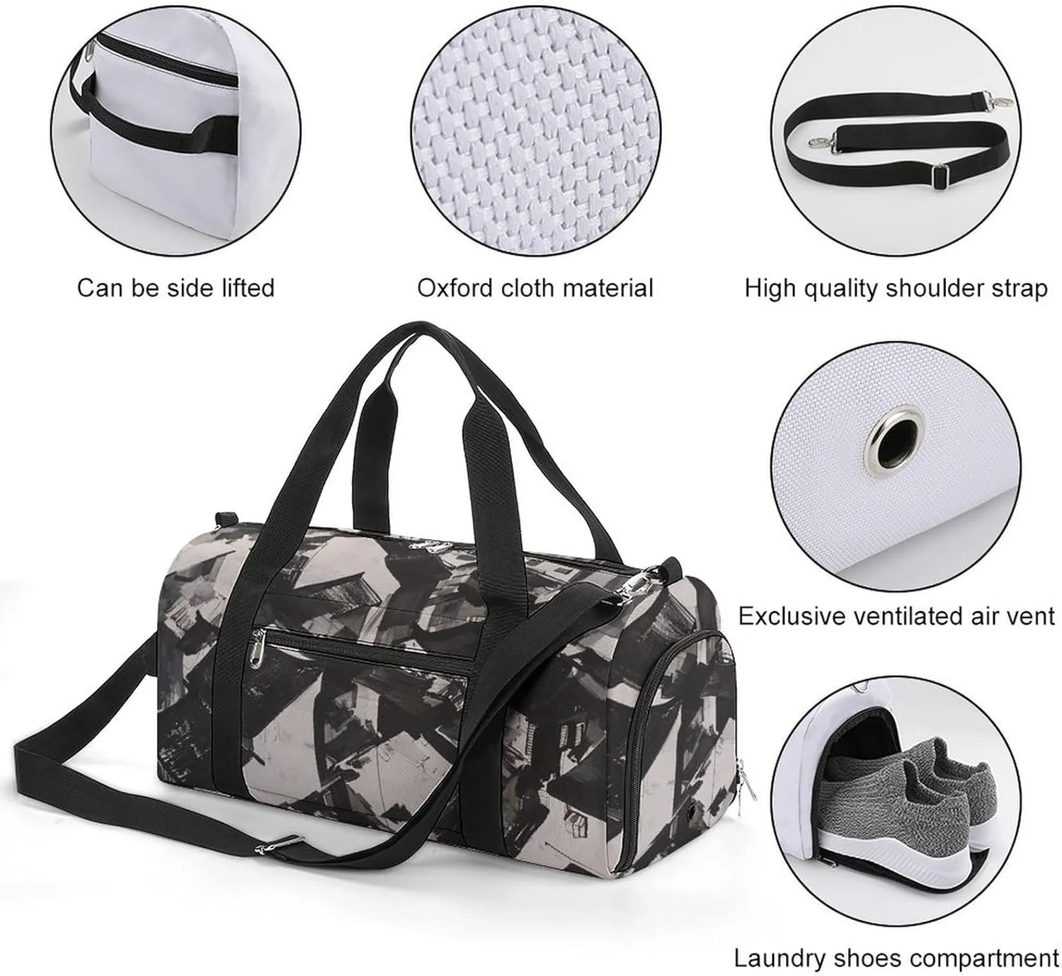 Gym Bag Black And White Painting Duffel Bag for Men Women Overnight Bag with Shoe Compartment Workout Bags