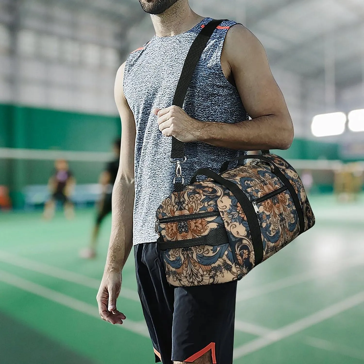 Gym Bag Blue Embroidery Art Duffel Bag for Men Women Overnight Bag with Shoe Compartment Workout Bags