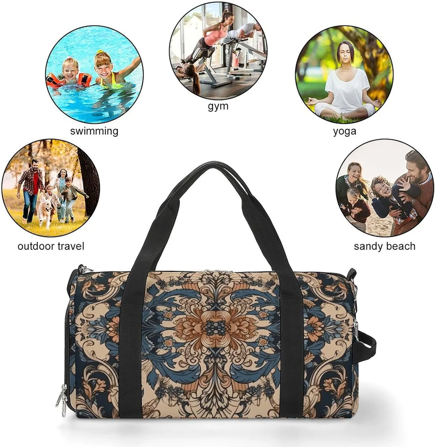 Gym Bag Blue Embroidery Art Duffel Bag for Men Women Overnight Bag with Shoe Compartment Workout Bags
