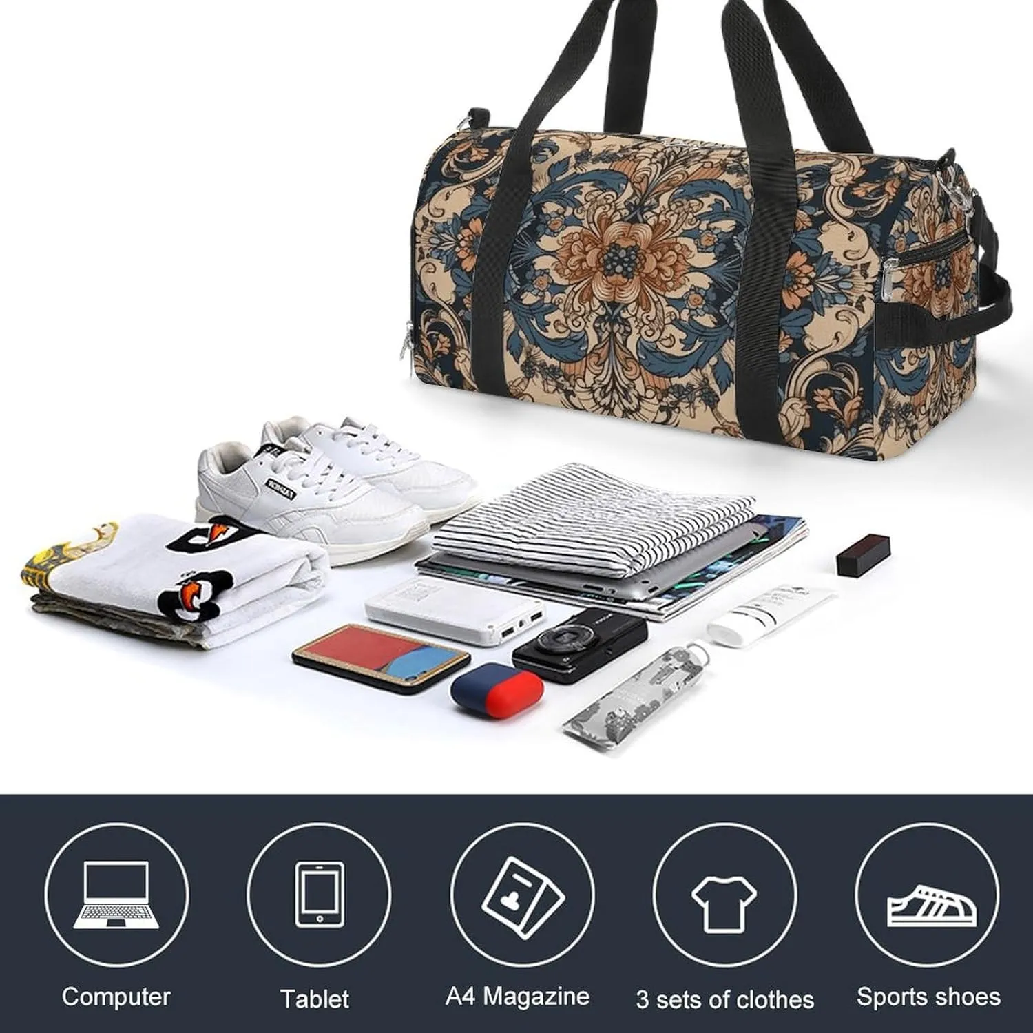 Gym Bag Blue Embroidery Art Duffel Bag for Men Women Overnight Bag with Shoe Compartment Workout Bags